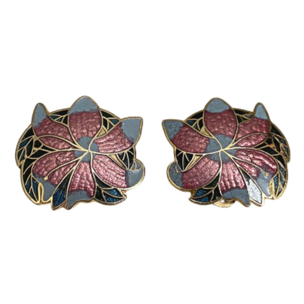 Vintage poinsettia cloisonne enamel earrings clip on signed SG